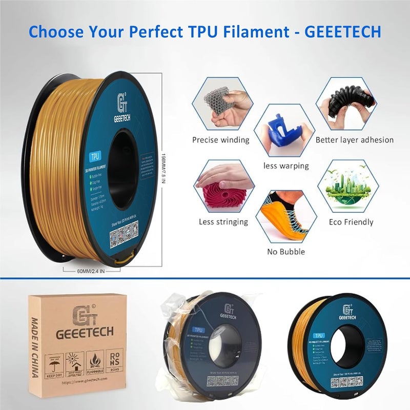Geeetech TPU Filament 1.75mm, Shore 95A – Flexible 3D Printer Filament with High Elasticity, 1KG (2.2lbs) Spool, Dimensional Accuracy ±0.03mm, Fits Most FDM Printers (Gold) - Image 3
